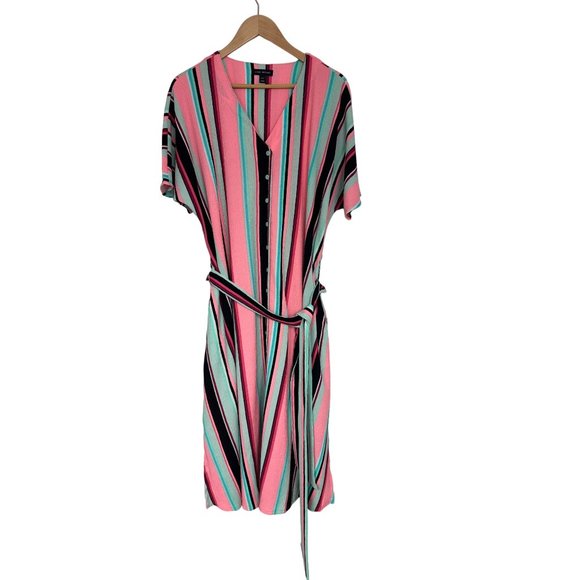 Size 14/16 1X FIJI STRIPED MIDI DRESS W/TIE + POCKETS Duster Spring Summer PLUS - Picture 5 of 7